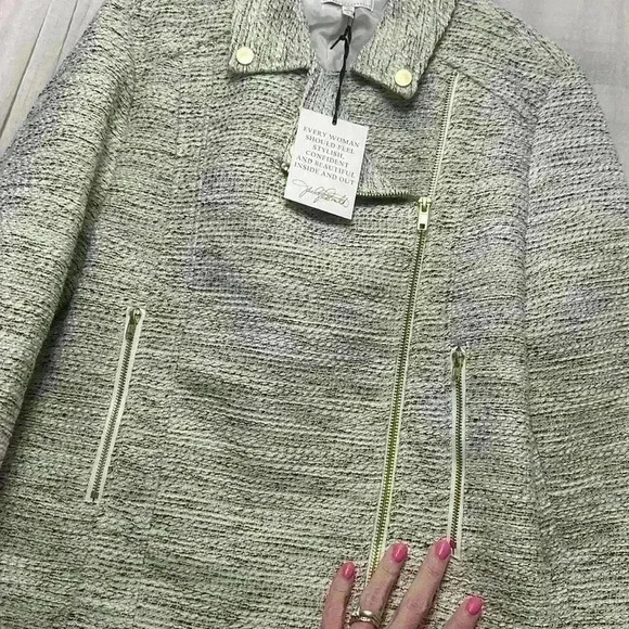 NWT Jaclyn Smith Wool Blend Tweed Moto Jacket Gold Accents Med Item#3K - Picture 7 of 10